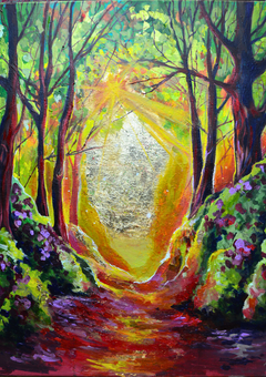Step into a dreamlike woodland where light and colour intertwine. Where the Sun Kisses the Earth captures the magic of sunlight breaking through the trees, illuminating a golden path that feels both mystical and inviting. With rich greens, vibrant purples, and glowing amber tones, this piece radiates warmth and energy — a celebration of nature’s quiet transcendence. Perfect for adding depth, colour, and a touch of wonder to any space.